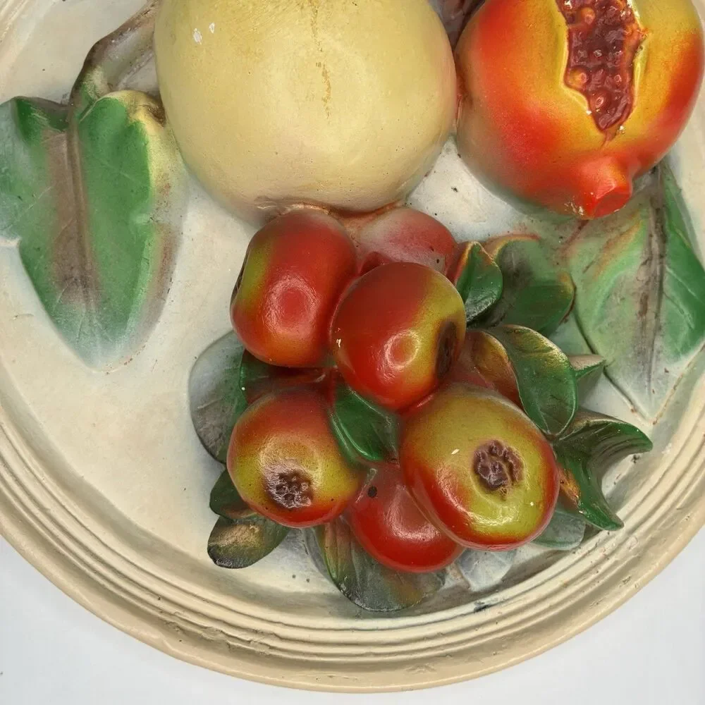Vintage MCM 14” Large Round 3D Chalkware Fruit Wall Decor/Plaque Grannycore